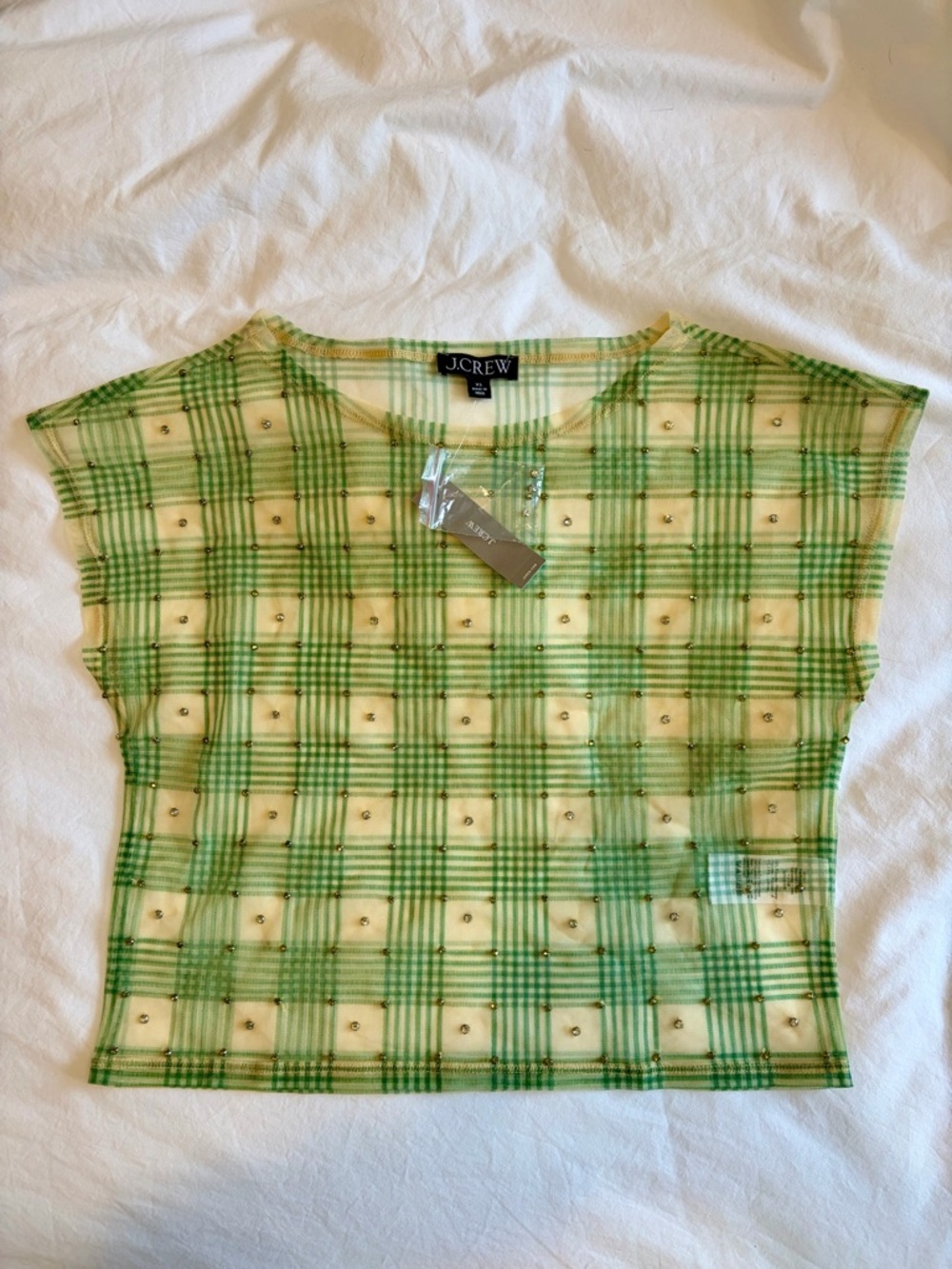 J. Crew Green Plaid Mesh Crop Top with Embellished Dots